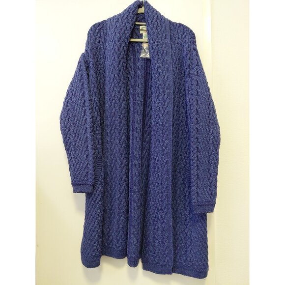 Aran Crafts Cardigan Sweater Blue 100% Merino Wool Knit Open Front Pockets  2X - Picture 1 of 8